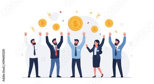Business Team Celebrating Financial Success with Falling Coins and Confetti