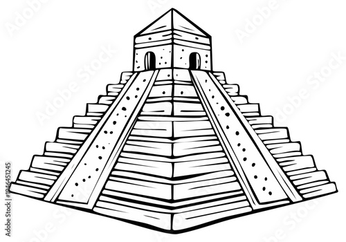 Mayan Temple Illustration - Black and white graphic of a pyramid with steps