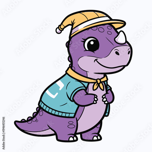 Adorable purple baby Triceratops mascot character in a yellow baseball cap and blue sweater, sporting a cheerful expression and a jaunty yellow bandana, cute cartoon style for children's ent