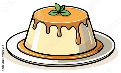 Creamy dessert with caramel sauce and mint leaf topping on a plate