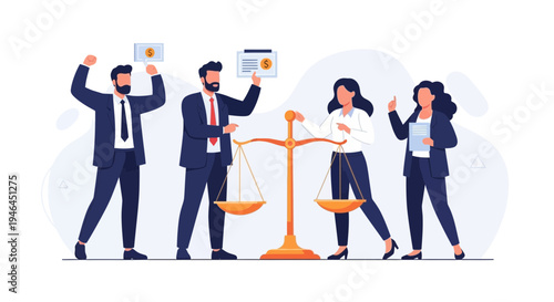 Business people with scales of justice and financial documents, legal concept