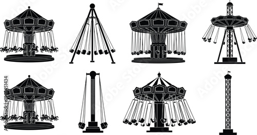 Black silhouette vector illustration of amusement park swing rides, chair-o-planes, carousel swings, fairground attractions, entertainment fun thrill ride scene