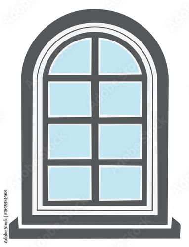 Arched window illustration with light blue panes, set into a dark grey sill and frame for interiors