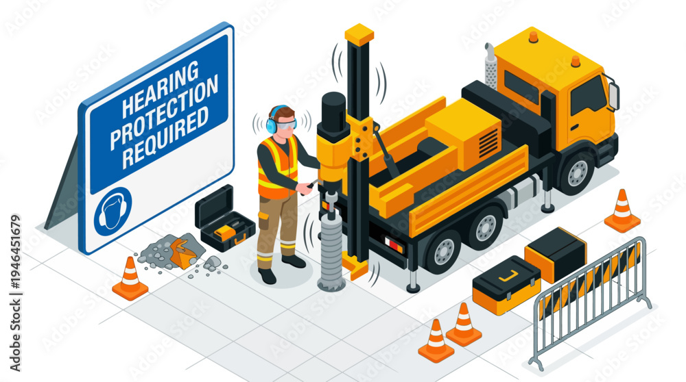 Fototapeta premium Worker wearing hearing protection near drilling truck.