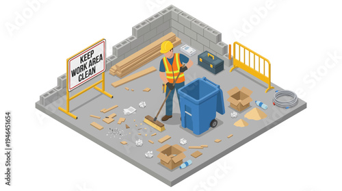 Construction site with worker and debris.