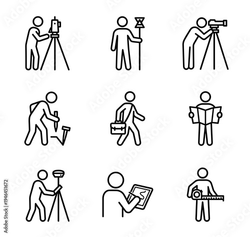 Minimalist line icon set vector of land surveyor character poses. Topography worker measuring, reading map, and using engineering equipment isolated on white.
