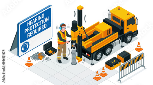 Worker wearing hearing protection near drilling truck.