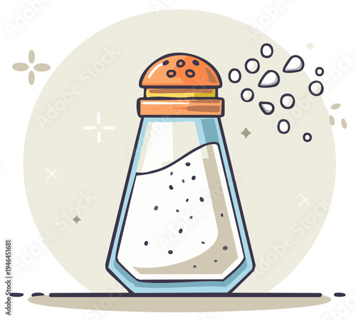 Salt shaker illustration with salt crystals falling. Culinary, seasoning, ingredient concept in stylized vector drawing for design projects