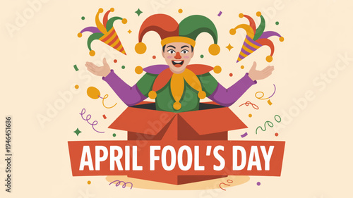 Jester emerges from box on april fool's day with confetti and party horns symbolizing pranks and celebrations