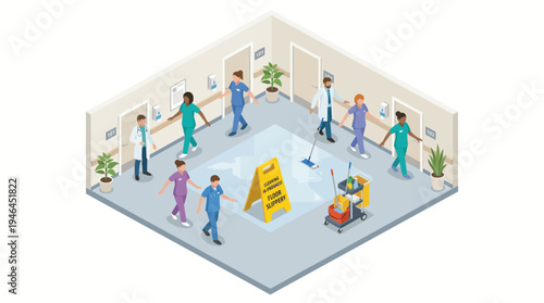 Medical staff cleaning hospital room interior.
