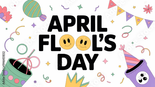 Colorful april fool's day celebration with confetti and party hats on white background