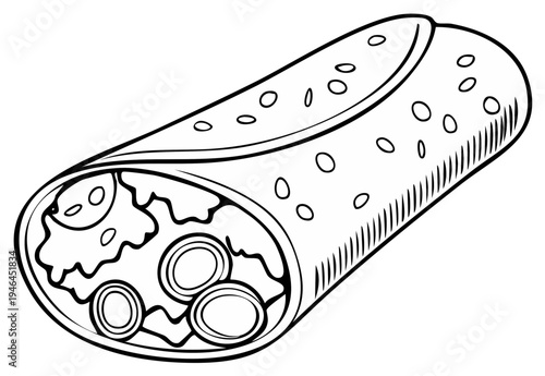 Monochrome drawing of a rolled wrap with filling of meat, onions, and vegetables.