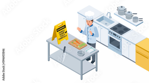 Isometric illustration of a chef in a kitchen.