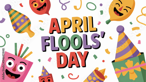 Colorful april fools' day celebration with confetti and party hats on white background