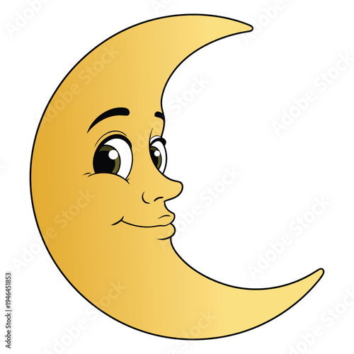 A smiling cartoon moon with a face and a crescent shape
