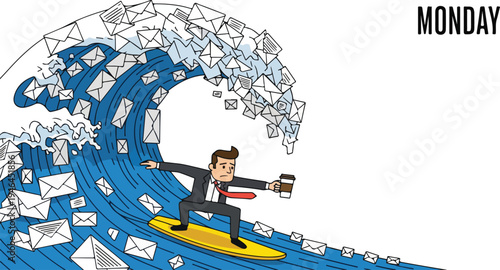 Tiny Person Surfing Enormous Tidal Wave of Incoming Monday Morning Emails