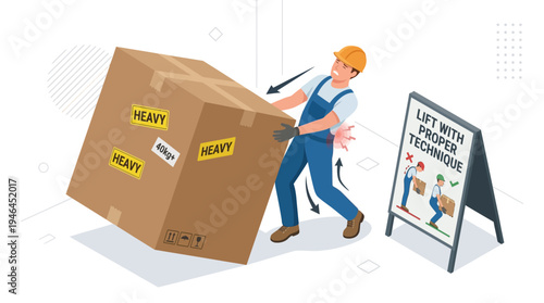 Man pushing heavy cardboard box with caution.