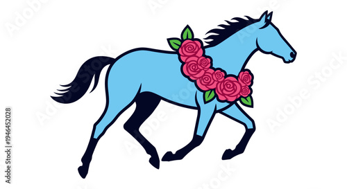 Blue Horse with Pink Roses Neck.