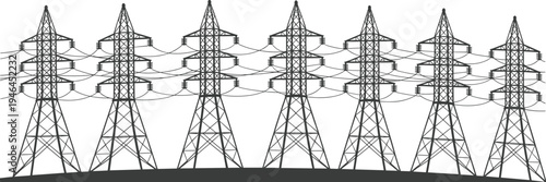 High voltage electricity transmission towers with power lines across landscape infrastructure, energy distribution grid system, industrial engineering illustration vector art