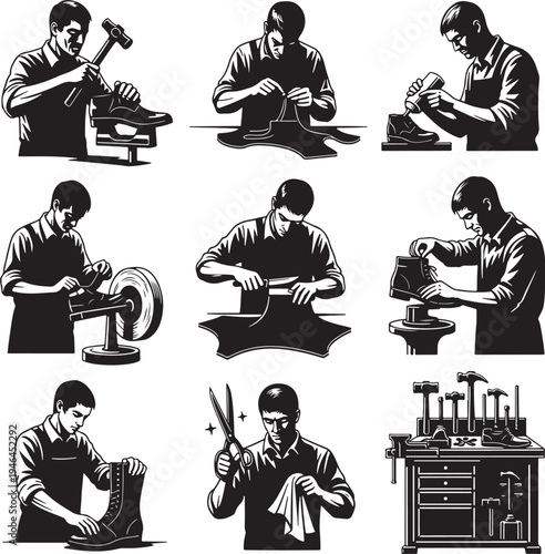 Set of 8 black and white shoe repairman icons vector