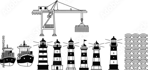 Black silhouette vector illustration of container cranes, cargo ships, lighthouses, and ocean waves, maritime navigation port logistics coastal design scene
