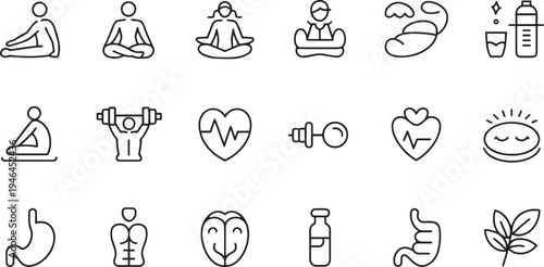 Set of hand drawn health and wellness icons isolated on transparent background