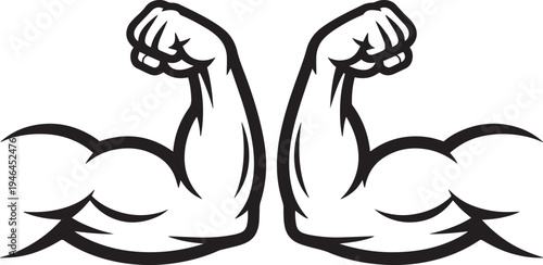 Stylized graphic illustration of two flexing muscular arms shown from the biceps region with clenched fists isolated on white