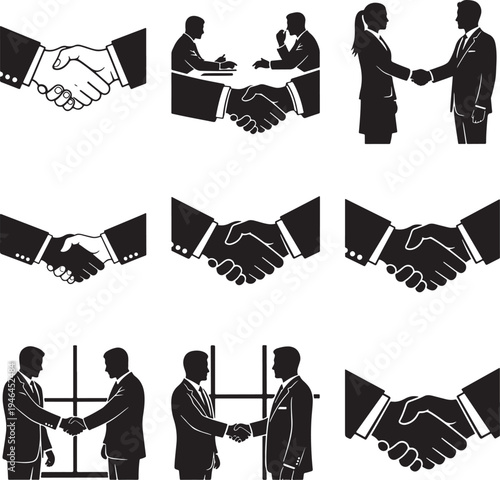Set of 9 business handshake icons vector