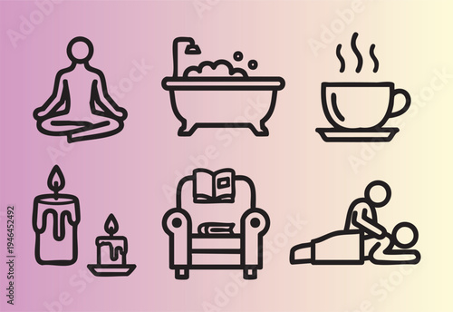 Relaxation and selfcare icons set for wellness and leisure activities