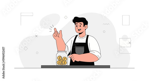 Man saving coins in jar, financial growth, investment, business concept illustration