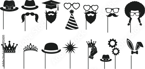 Photo booth props silhouette vector set, party accessories icons collection, funny glasses mustache hats, celebration costume elements