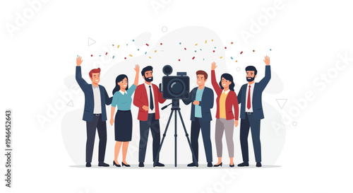 Team celebrates success with camera and confetti, vector illustration