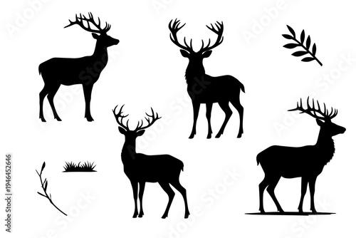 Set of black deer and plants. Animals in wild. Environment. Forest animals. Flat design. Vector. Silhouette, stencil.