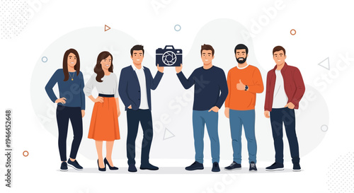 Diverse team of professionals holding a camera, photography concept