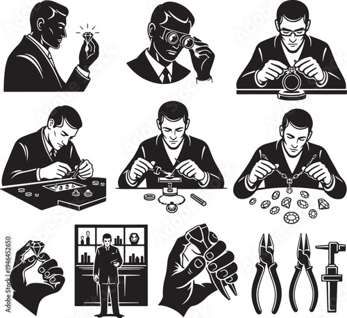 Set of 9 black and white jewelry maker icons vector