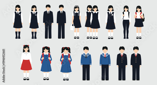 School uniform students vector set, Japanese style school children characters, boys girls student outfits, education character collection