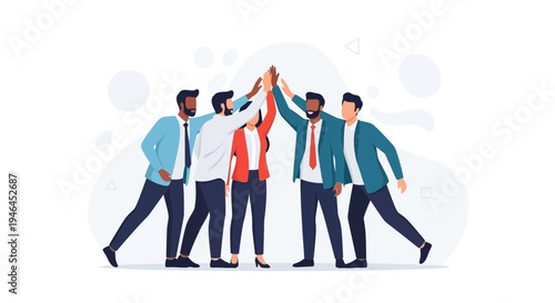 Diverse team celebrating success with high fives, teamwork and achievement concept