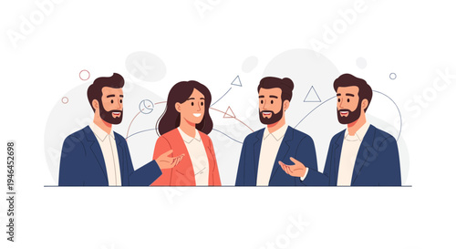 Diverse business team discussing ideas in a modern office meeting, flat illustration style.