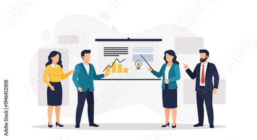 Business meeting with presentation, team discussing strategy and growth charts