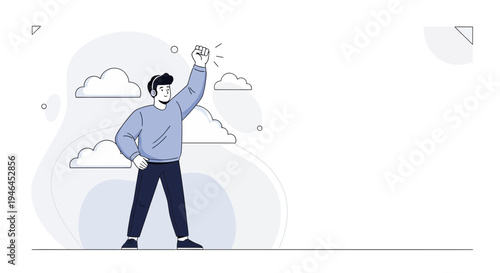 Man celebrating success with fist raised, motivational, victory, achievement, inspiration, blue and white