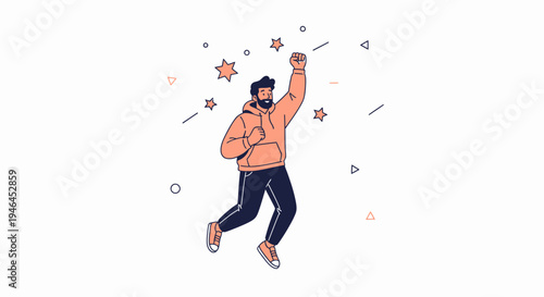 Man celebrating success with raised fist and stars, dynamic illustration