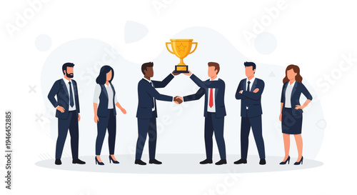 Business team celebrates victory, receiving a golden trophy award, teamwork success