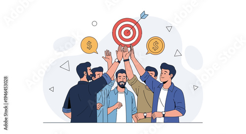 Teamwork success: Diverse group celebrates hitting target with high fives and coins