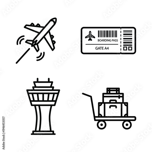 Set of four minimalist, black and white line art icons depicting air travel a jet airplane taking off, a boarding pass, an air traffic control tower, and a luggage cart piled high with suitc
