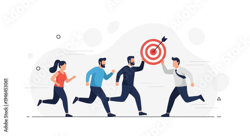 Team running towards a target, business goals and success concept