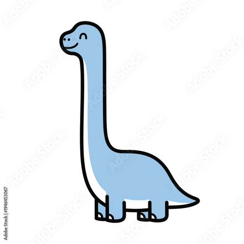 Cute, friendly, baby blue cartoon Brontosaurus dinosaur, joyfully standing with a happy smile, isolated on white, charming vector art for children's themes.