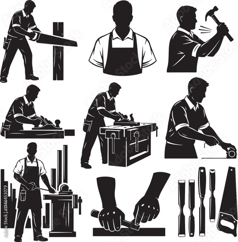 Set of 9 black silhouette carpentry icons vector