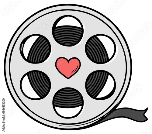 Cartoon film reel with heart symbol, love for movies and cinema.