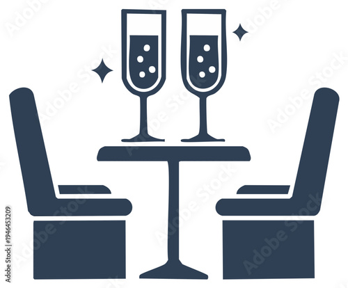 Champagne glasses and table with chairs, celebrating a special occasion or anniversary.