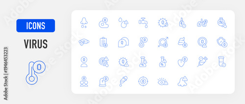 Virus icon. Flu, Std, Poop, Protection, Infected Person, Search Virus Icon, Virus Alert, Tongue, Injection, Antidote, Death, Testing, Aim, Eye Infection, Nose Infection, Meat vector.